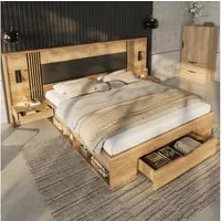 Flieks Holzbett, Stauraumbett Doppelbett 180x200cm mit Leselampe Nachttische Schublade