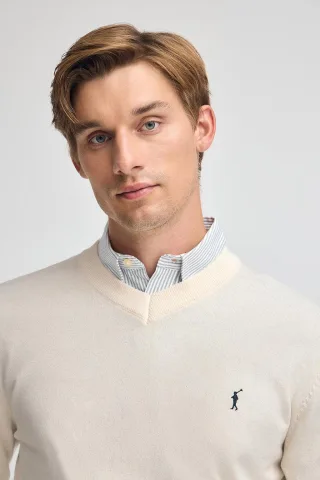 Pullover ecru aus Wollgemisch mit V-Ausschnitt und gesticktem Rigby Go-Logo