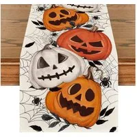 Sorvyzxn Tischläufer Halloween Tischläufer 33 × 183 cm, Spinnennetz & Kürbis Motiv, Für Esstisch, Küche, Herbst & Halloween Deko