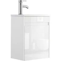 UEV Waschtisch Waschbecken klein mit Unterschrank set, Badmöbel Gäste-WC (Waschbecken mit Schrank, Unterschrank mit Harzbecken und Wasserhahn), Breit 40,6cm, Waschtischunterschrank hängend, weiß