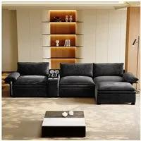 Celya Ecksofa L-Form mit Stauraum, Chenille Couch, mit Ottoman, drahtloses Laden, Lautsprecher, Licht, 2 Tassenhalter
