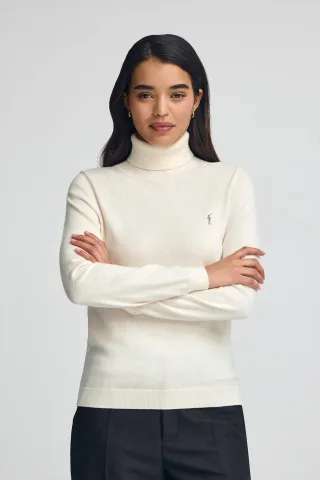Rollkragenpullover ecru aus Wollgemisch mit gesticktem Rigby Go-Logo