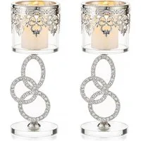 LuxusKollektion Teelichthalter Kristall Glas Teelichthalter, 2er Set Silber Stumpenkerzen Metall