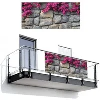 MuchoWow Balkonsichtschutz Bougainvillea - Steinmauer - Rosa (1-St) Balkon Sichtschutz 90x200, Windschutz für Zaun PVC, 200x90 cm