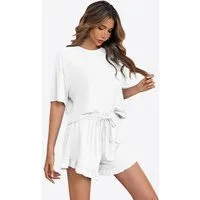 Imily Bela Hausanzug Damen Weich & Atmungsaktiv Pyjama Set 2-teilig (Set, 2 tlg., Hausanzug mit Crop-Top & Rüschen-Shorts) elastischer Taillenbund mit Kordelzug