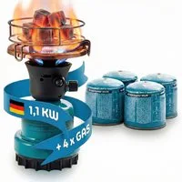 TOM Gaskocher Campingkocher optional mit 4x190g Gas Kartuschen CG-190 Butan Gas, (5-St), 1100W, Piezozündung, Windschutz, Stechkartuschen, Kartuschen Kocher