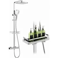 HOMELODY Duschsystem mit Thermostat & Duschablage- Duscharmatur Komplettset, 2 Strahlart(en), Hand- & Kopfbrause, höhenverstellbar, 38 °C Sicherheitssperre