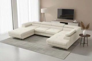 Wohnlandschaft Schlafsofa GIANLUCA in Stoff Gerra Ecru Ottomane 105 cm Links