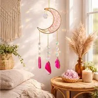 Karmandala Fensterdekoration Edelstein Sonnenfänger mit Kristall Regenbogen Lichtspiel, echte Rosenquarz Steine, spirituelle Boho Deko