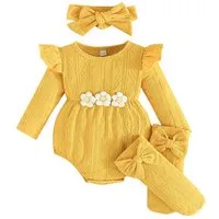 Lapastyle Strampler Baby Mädchen Einfarbig Jacquard Bodysuit Babykleidung mit Blumen (Strampler + Stirnband + Socken), 3-tlg) Baby Mädchen Einfarbig Jacquard Bodysuit Babykleidung mit Blumen