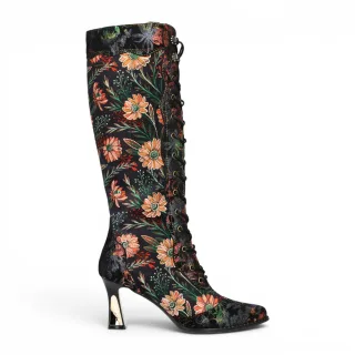Laura Vita Schwarze viktorianische Blumenlederstiefel mit kniehohem Absatz für Frauen – Oanelo-02