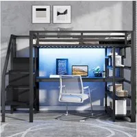 OKWISH Hochbett Funktionsbett Stauraumbett (Metall-Hochbett- mit Treppe & Schreibtisch Schwarz, 1-St., 140x200cm)