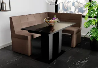 Eckbankgruppe 168x128 cm BLAKE L Stoff Soro Braun / Esstisch DANTE Schwarz