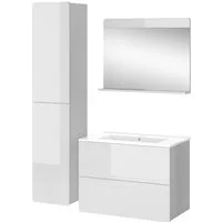 Vicco Badmöbel-Set Izan, Weiß Hochglanz, 4 Teile mit Hochschrank, (4-St., 4er Set)