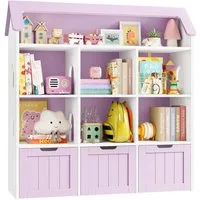Homfa Kinderregal in Hausform mit 3 Spielzeugkisten auf Rollen, Spielzeugregal mit 7 offenen Fächern Spielzeugtruhe 117x120x30cm weiß
