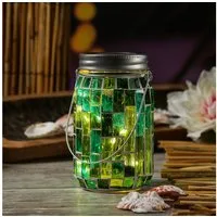 MARELIDA LED Solarleuchte LED Solar Glas Einmachglas mit Mosaik Tischleuchte Lichtsensor grün, LED Classic, warmweiß (2100K bis 3000K)