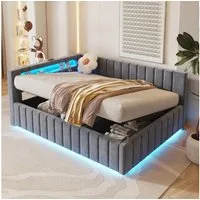 Merax Daybett 140x200 cm mit hydraulischem Stauraum (1 tlg), Polsterbett Tagesbett Schlafsofa mit LED, USB & Rückenlehne, Samt