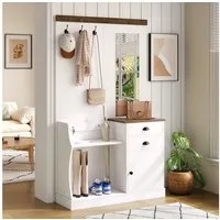 Merax Garderoben-Set mit Spiegel in Holz und Weiß, (Flurgarderoben Set Scandi Flurschrank, 1-St., 110,5 L x 38 B x 191 H (cm), Kompaktgarderobe mit Schubladen, Tür, Haken, Schirm- & Schuhablage