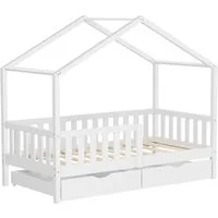 ML-DESIGN Spielbett Hausbett Kinderbett inkl. 2 Schubladen, Lattenrost und Rausfallschutz, Abenteuerbett 80x160cm Haus Bett Himmelbett Kiefer Jugendbett Weiß