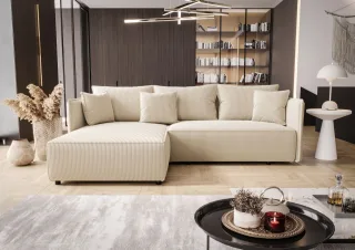 Ecksofa Schlafsofa EVORA Stoff Poso Creme Ottomane Links