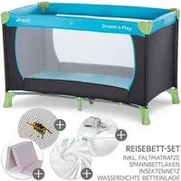 Hauck Baby-Reisebett Dream`n Play - XXL-Set - Waterblue, Baby Kinder Reisebett mit Matratze, 2 Spannbettlaken & Insektenschutz