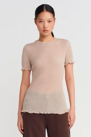 Slim Fit Rippbluse mit Volant