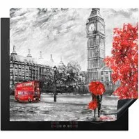 MuchoWow Herd-Abdeckplatte Rot - London - Stadt - Schwarz und weiß, Vinyl, (1 tlg), Ceranfeldabdeckung Küche, Herdabdeckplatte Einteilig, 60x52 cm