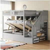 Merax Etagenbett mit hydraulischem Unterbett (1-St., Stockbett Jugendbett Doppelbett Hochbett aus Massivholz), Kinderbett 140x200cm mit Stauraumtreppe, Regalen & Sicherheitsgeländer
