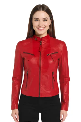 Rote lässige Slim-Fit-Bikerjacke aus Leder für Damen – Tulsa