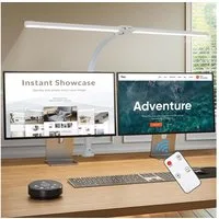 LMaxhome Schreibtischlampe Dimmbar LED Büro-Tischlampe 24W Doppelkopf klemmbar 1000lm Augenschutz, 80CM 5 Farbtemperatur 5 Helligkeitsstufen mit Fernbedienung Tageslicht
