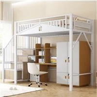 Flieks Hochbett Metallbett Kinderbett 90x200cm mit Stauraumtreppe und Sicherheitszaun
