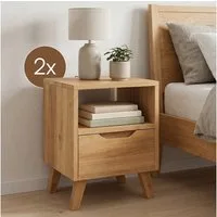 skølm Nachtschrank Kólga aus Massivholz Eiche (natur, geölte Oberfläche, 2-St) Nachtschrank mit Schublade und Ablagefach, Nachtkommode 40x40x55 cm