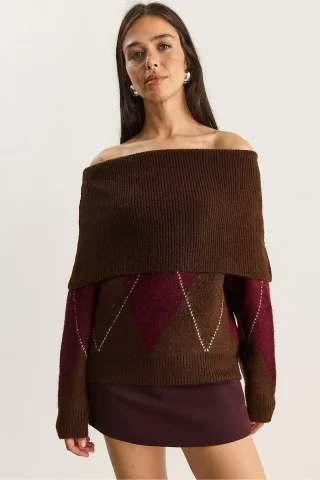 Madonna-Kragen Strickpullover mit Baklava-Muster