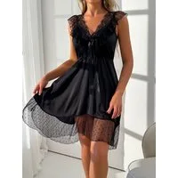 Elegant Love Negligé Damen-Nachthemd aus Satin mit Spitze und Punktetüll – Sexy Nachtwäsche (Einzelteil) Homewear Negligee – elegantes Schlafkleid mit Tüll und Rüschendetails