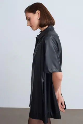 Lässiges Fake-Leder Minihemdkleid