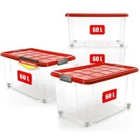BigDean Aufbewahrungsbox 60 L mit Deckel groß – robuste Stapelbox rollbar mit Klickverschlüssen (Set, 4 St., Aufbewahrungsbox + Deckel + Rollen), Sicher Stapelbar, Platzsparend, Transparent, Rollen, Klickverschlüsse