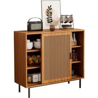 Refined Living Sideboard Küchenschrank, Kommode Aufbewahrungsschrank mit 2 Schiebetüren (Maße: B100/H90/T37 cm, Landhausstil Beistellschrank, Wohnzimmermöbel mit Rattan-Türen, mit Verstellbare Ablage, Menschliches Design, Stabile Konstruktion), Ausre