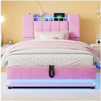 Celya Polsterbett mit LED-Beleuchtung und hydraulischem Stauraum (ohne matratze, mit USB-Anschluss, weichem Samtbezug, Metallrahmen)