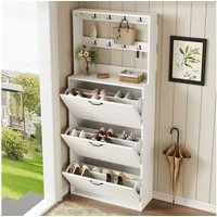 BlingBin Schuhschrank Schuhregal Schuhkipper (1-St., bietet Platz für 15 Paar Schuhe,mit Lüftungsschlitzen,3 Türen,Haken) Aufbewahrung für Hüte, Taschen,70×25×165 cm,Weiß