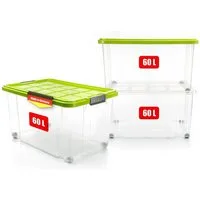 BigDean Aufbewahrungsbox 60 L mit Deckel groß – robuste Stapelbox rollbar mit Klickverschlüssen (Set, 3 St., Aufbewahrungsbox + Deckel + Rollen), Sicher Stapelbar, Platzsparend, Transparent, Rollen, Klickverschlüsse