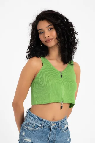 V-Ausschnitt Gestricktes Ripp-Zipper Crop Top