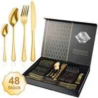 Simloveve Besteck-Set 48 teilig Besteck Set für 12 Personen, Besteckset mit Gehämmert Griff, Edelstahl, Essbesteck Set inkl Messer, Gabel, Löffel, Spülmaschinenfest, Rostfrei