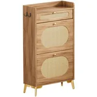 Yorbay Schuhschrank Schmal,Schuhkipper mit 2 Klappen & 1 Schublade,Rattan-Deko (60 x 24 x 110,5 cm) Metallbeinen & Haken, für Flur & Eingangsbereich