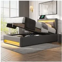 Flieks Polsterbett, LED Einzelbett 90x190cm mit USB-Anschluss und hydraulischem Stauraum