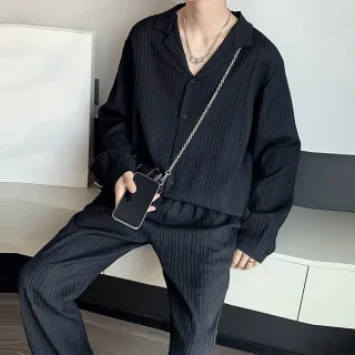 INCERUN Men Sets Solid Color Fashion Lapel Long Sleeve Shirt & Pants 2PCS Pleated Loose Streetwear Men Casual Suits S-5X