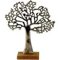 Geschenkestadl Dekoobjekt Lebensbaum auf Holzsockel Aluminium Deko Figur 2 Größen Auswahl (1 Standobjekt), Lebensbaum aus Aluminium auf elegantem Holzsockel