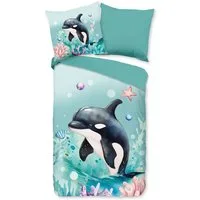 PURE luxury collection Kinderbettwäsche Splash, Microfaser, 2 teilig, Mikrofaser, 135x200, 2 Teilig, Wendeoptik, Kind, Schwertwal, Orka