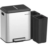 SONGMICS Mülleimer Abfalleimer, Inneneimer, Stahl, Softclose-Deckel, 30L, Küche, Mülltrennsystem 2 x 15 L, 2 Fächer für Recycling und Restmüll