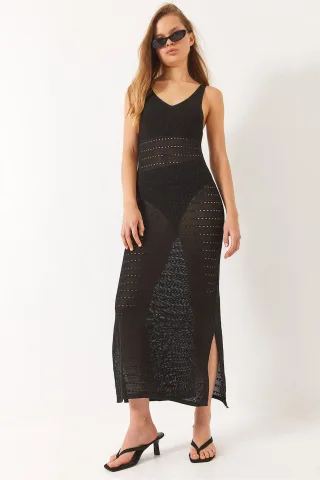 V-Ausschnitt Midi Schlitzkleid