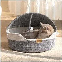CheerPals Tierbett Geflochtene 2-in-1 Katzenhöhle & Katzenbett mit waschbarem Kissen, Vliesstoff/Polyester